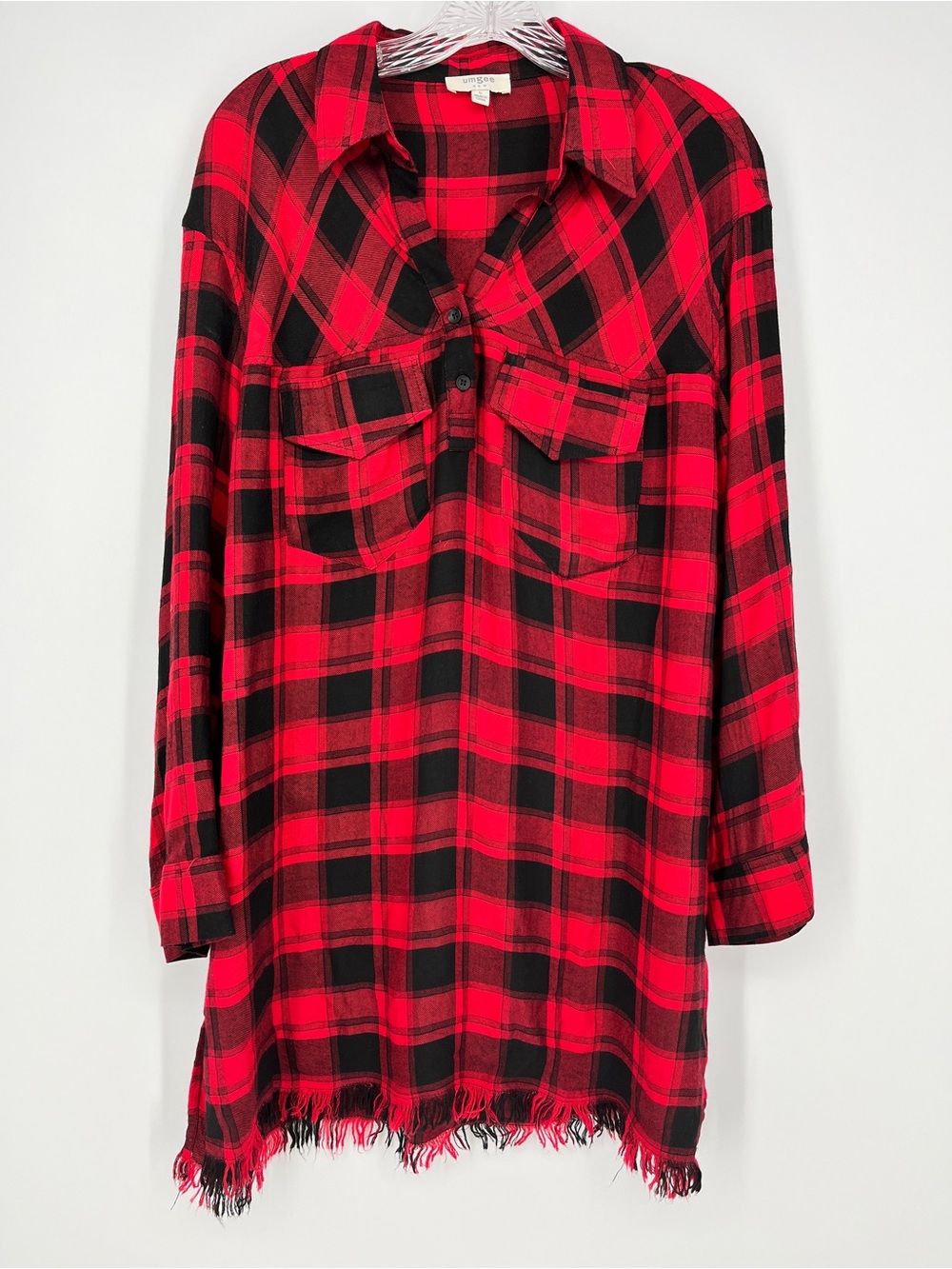 Umgee Red Black Plaid Button Front Tunic Top Fringe Trim Large Pockets Flannel